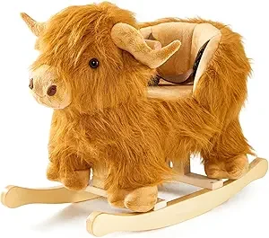 Baby Rocking Horse,Highlander 牛木制摇摆马,适合 1 岁幼儿的可爱奶牛填充毛绒骑乘玩具摇摆动物,适合男婴和女孩托儿所/儿童圣诞节或生日礼物